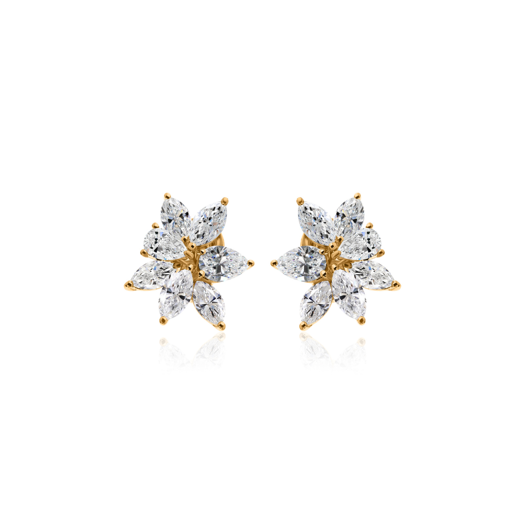 Floral Cluster Marquise Pear Diamond Stud Earrings in Fine Gold
