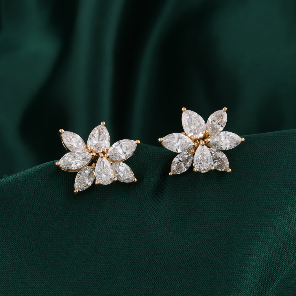 Floral Cluster Marquise Pear Diamond Stud Earrings in Fine Gold