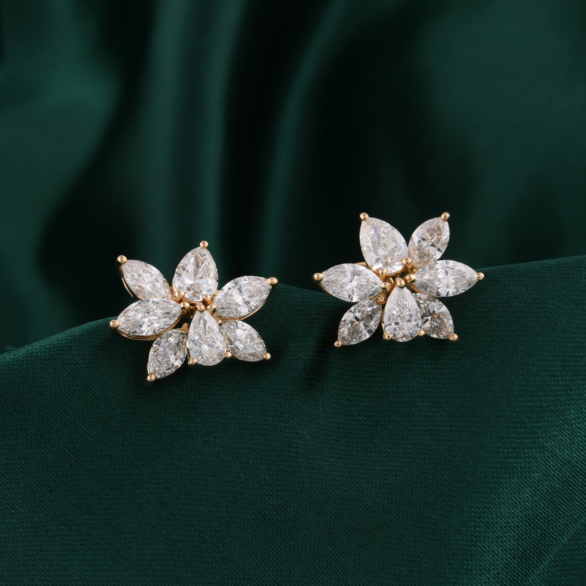 Floral Cluster Marquise Pear Diamond Stud Earrings in Fine Gold