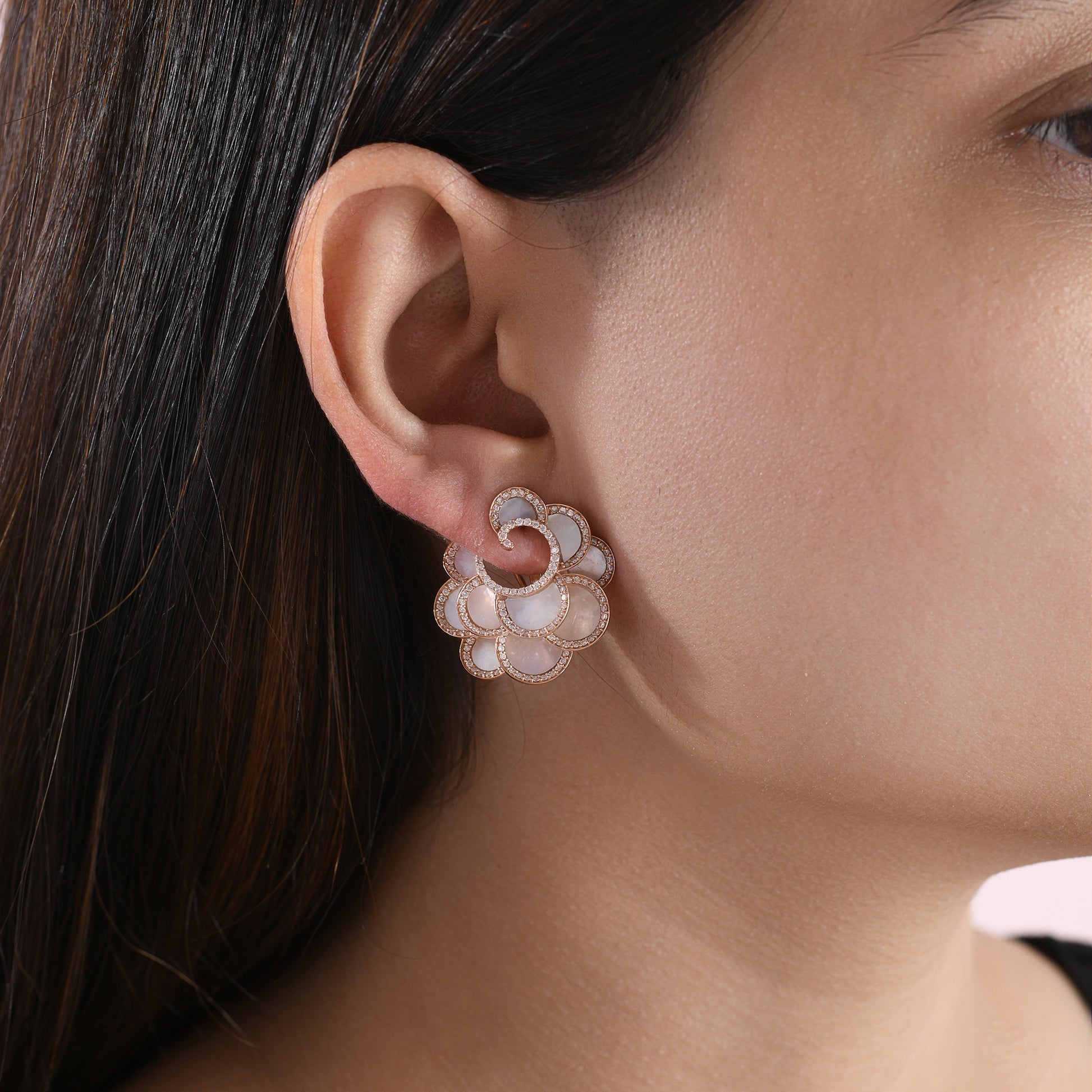 Statement Flower Natural Diamond Mother Of Pearl Fine Gold Earrings