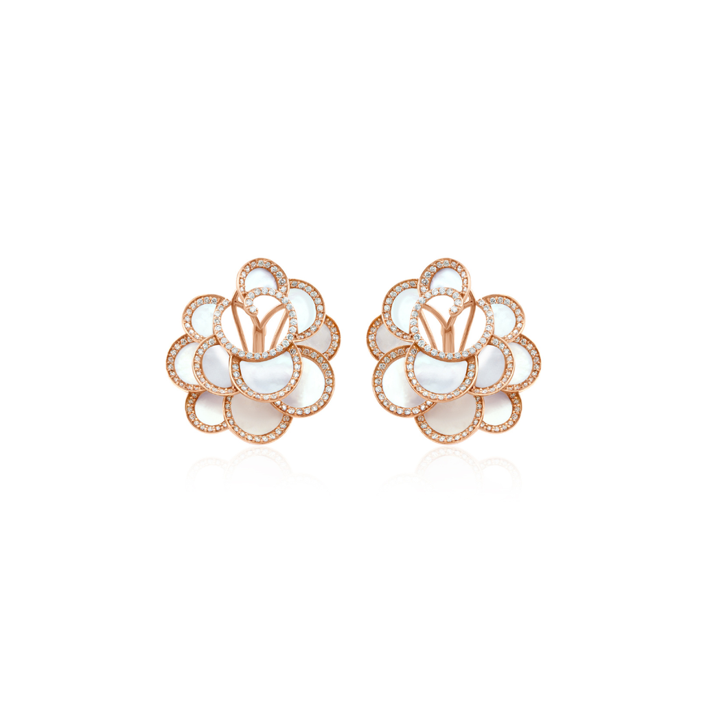 Statement Flower Natural Diamond Mother Of Pearl Fine Gold Earrings