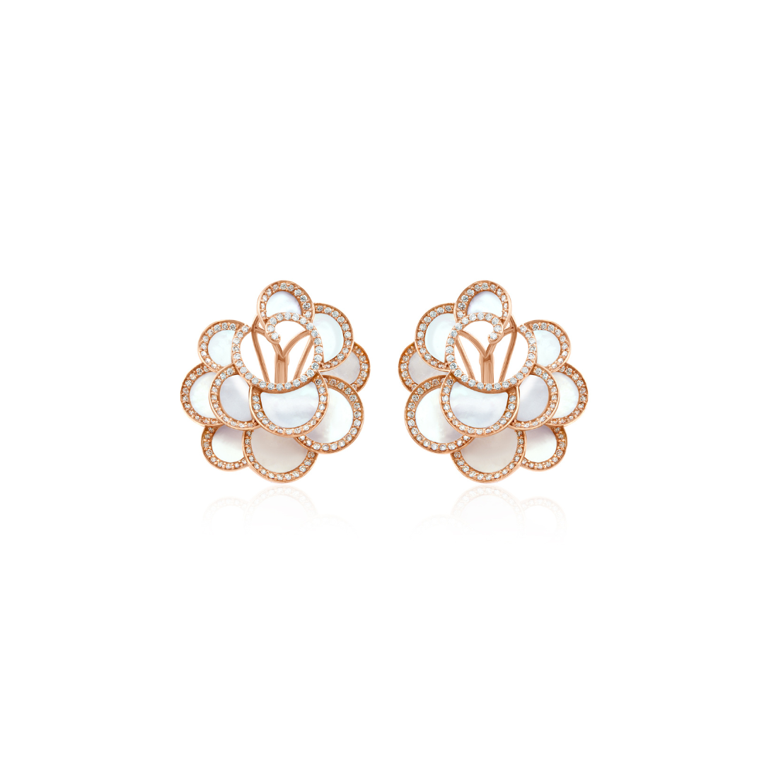 Statement Flower Natural Diamond Mother Of Pearl Fine Gold Earrings