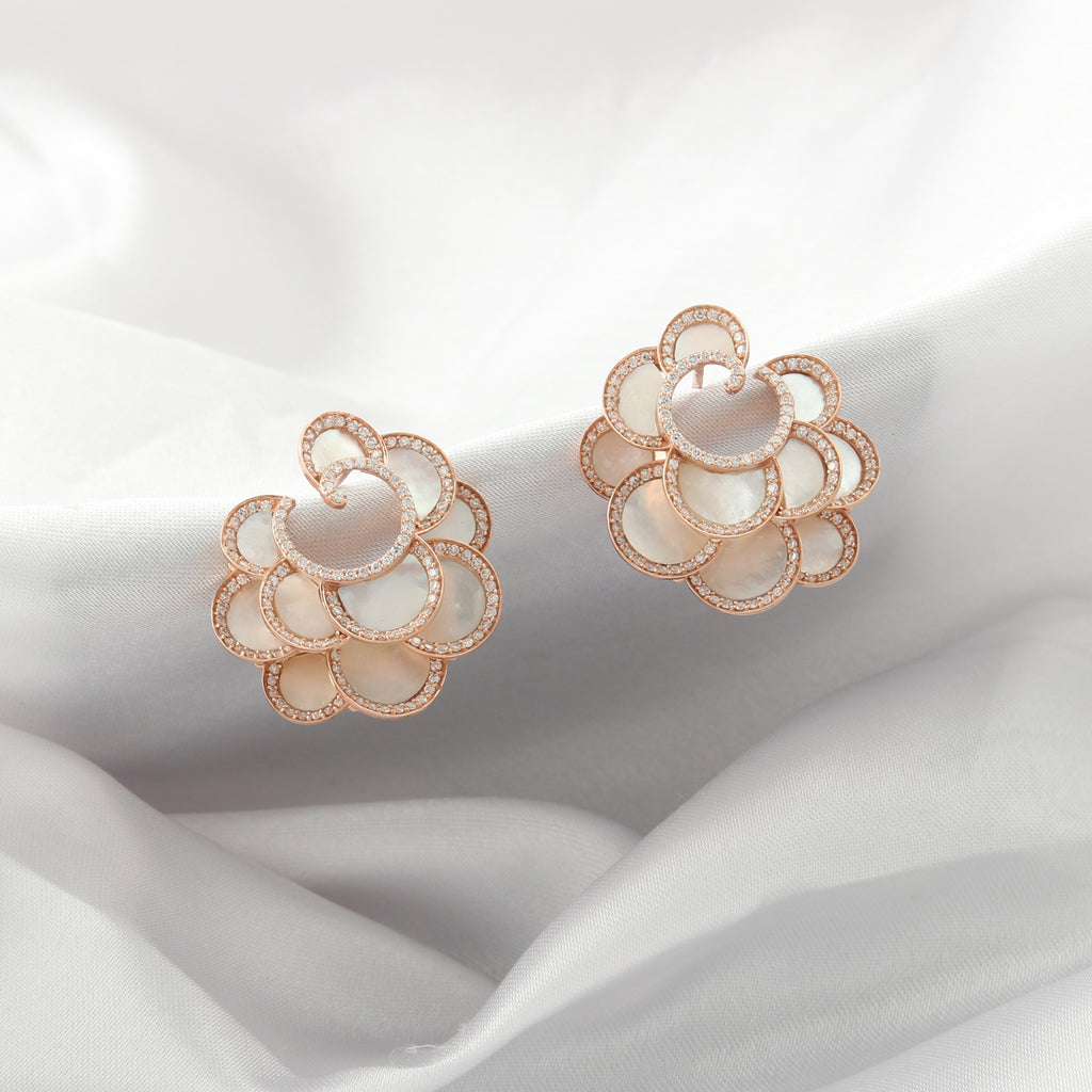 Statement Flower Natural Diamond Mother Of Pearl Fine Gold Earrings