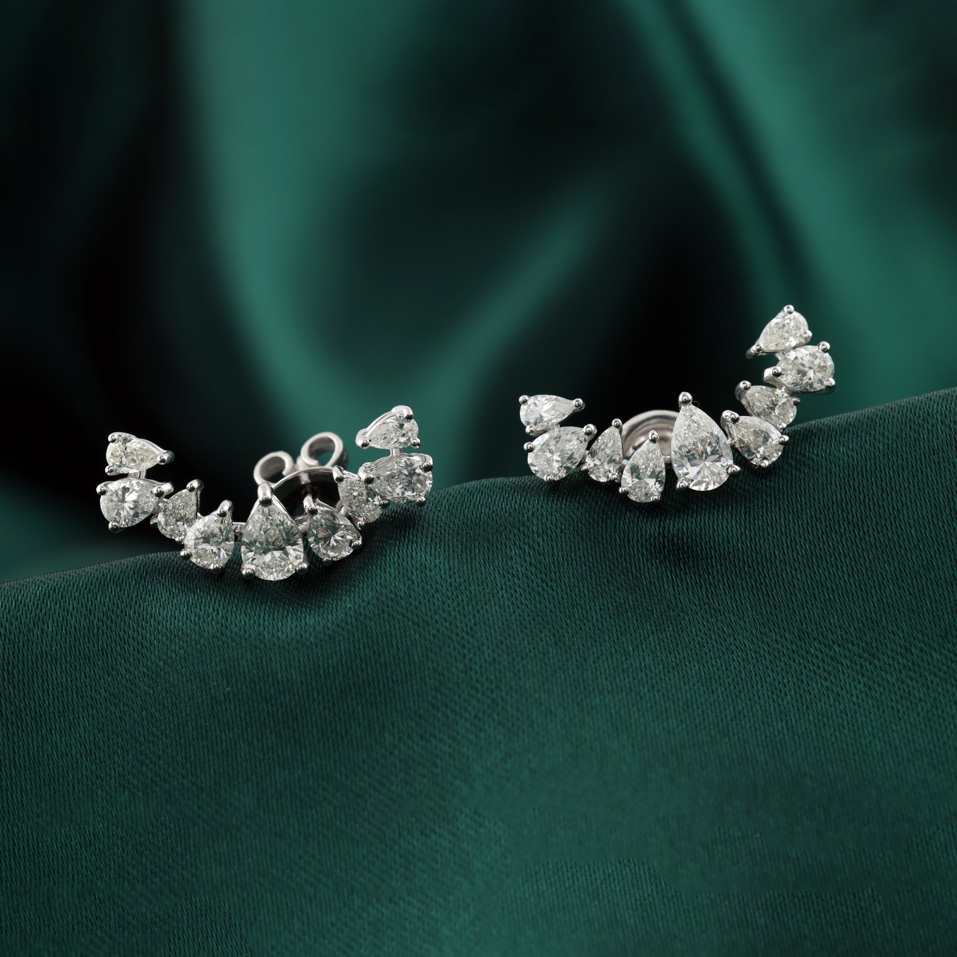 Curved Natural Diamond Ear Climber Earrings with Pear Cut Diamonds