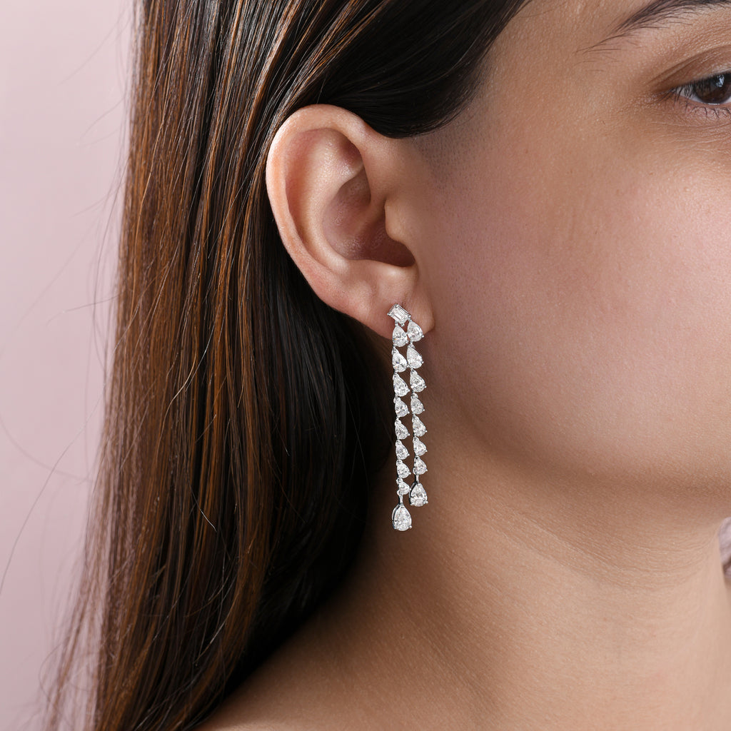 Double Strand Pear Cut Diamond Long Dangle Earrings in Fine Gold