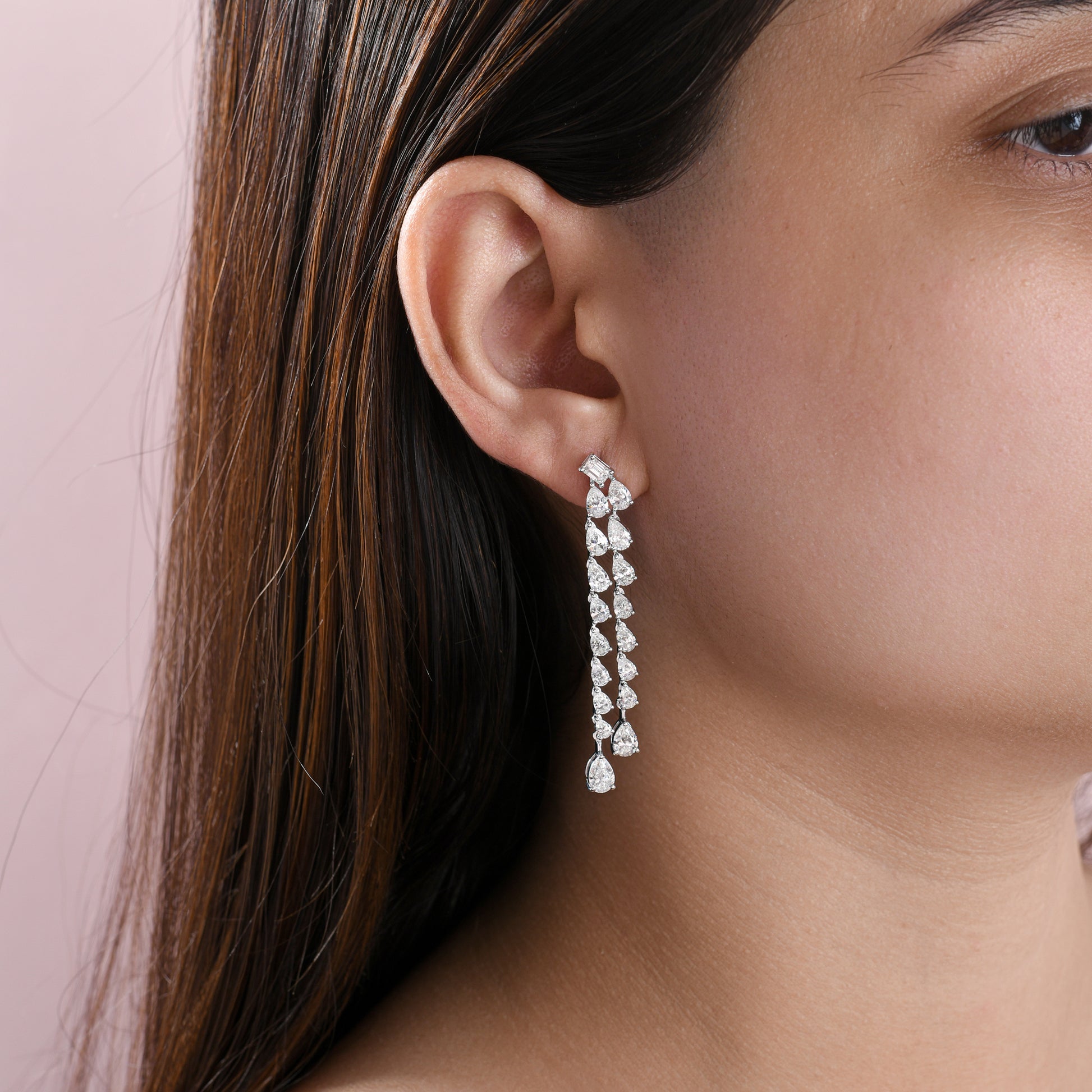 Double Strand Pear Cut Diamond Long Dangle Earrings in Fine Gold