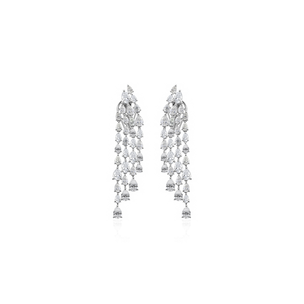 Exquisite Pear Cut Natural Diamond Multi Tier Chandelier Earrings in Fine Gold