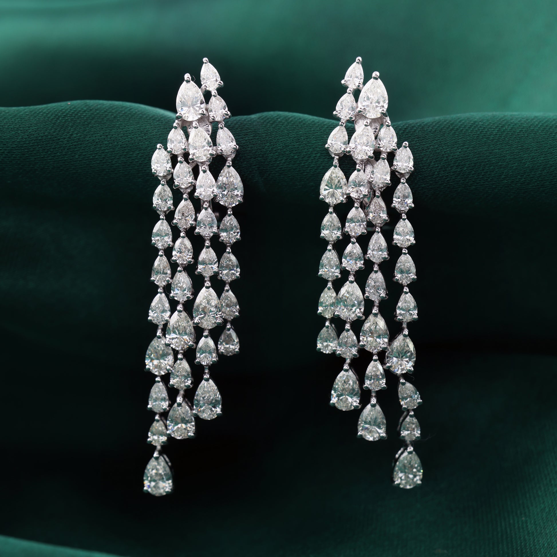 Exquisite Pear Cut Natural Diamond Multi Tier Chandelier Earrings in Fine Gold
