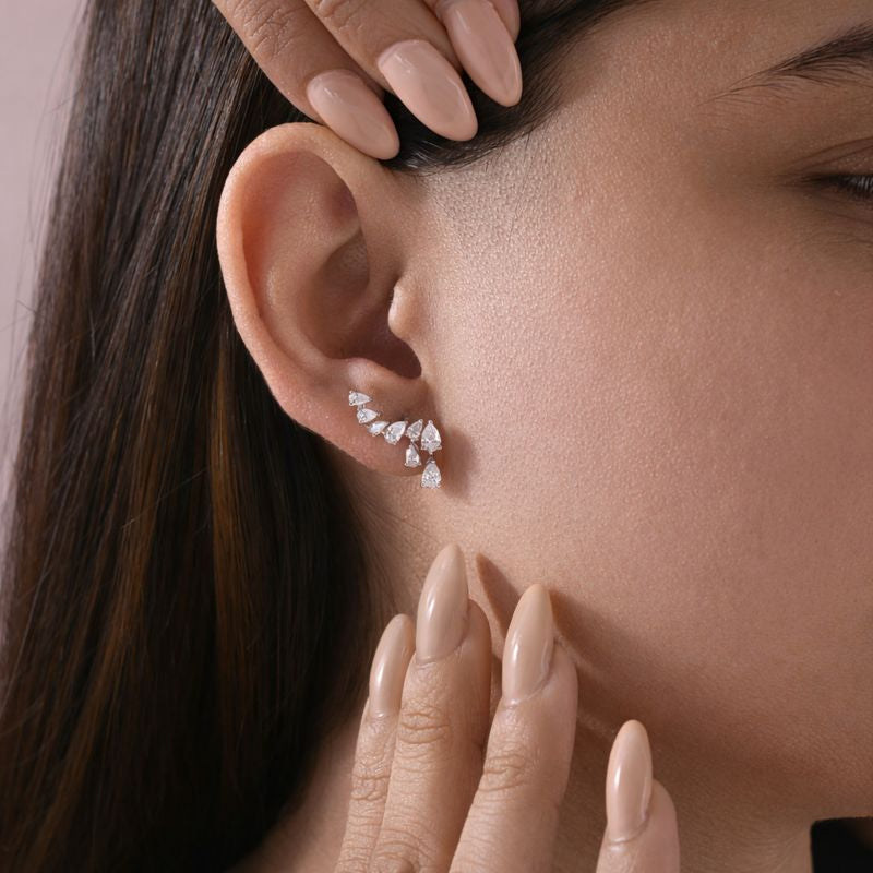 Natural Pear Cut Diamond Fine Gold Ear Climber Curved Earrings