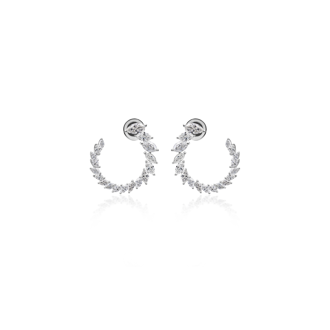 Exquisite Marquise Shape Diamond Half Hoop Earrings in Fine Gold