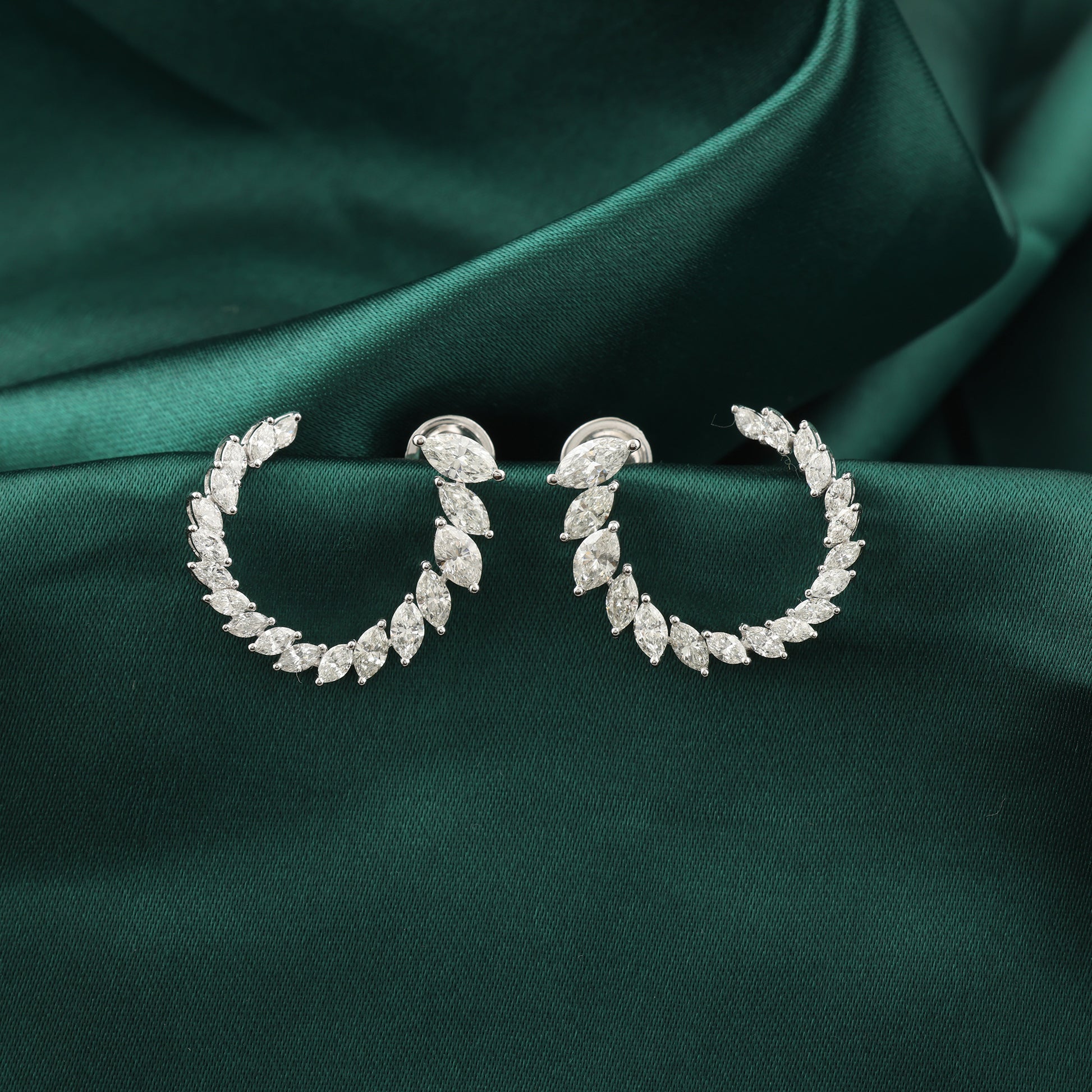 Exquisite Marquise Shape Diamond Half Hoop Earrings in Fine Gold