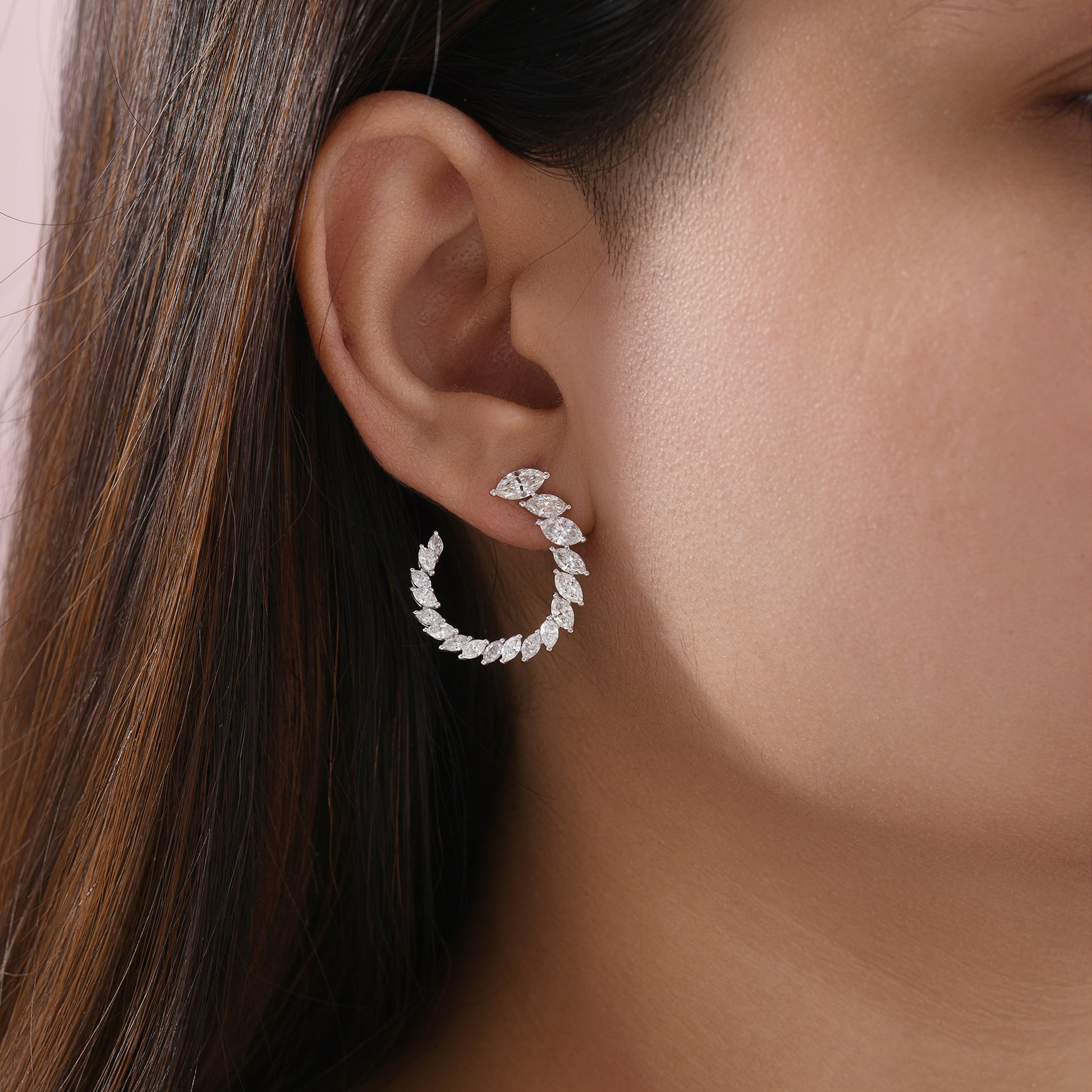 Exquisite Marquise Shape Diamond Half Hoop Earrings in Fine Gold