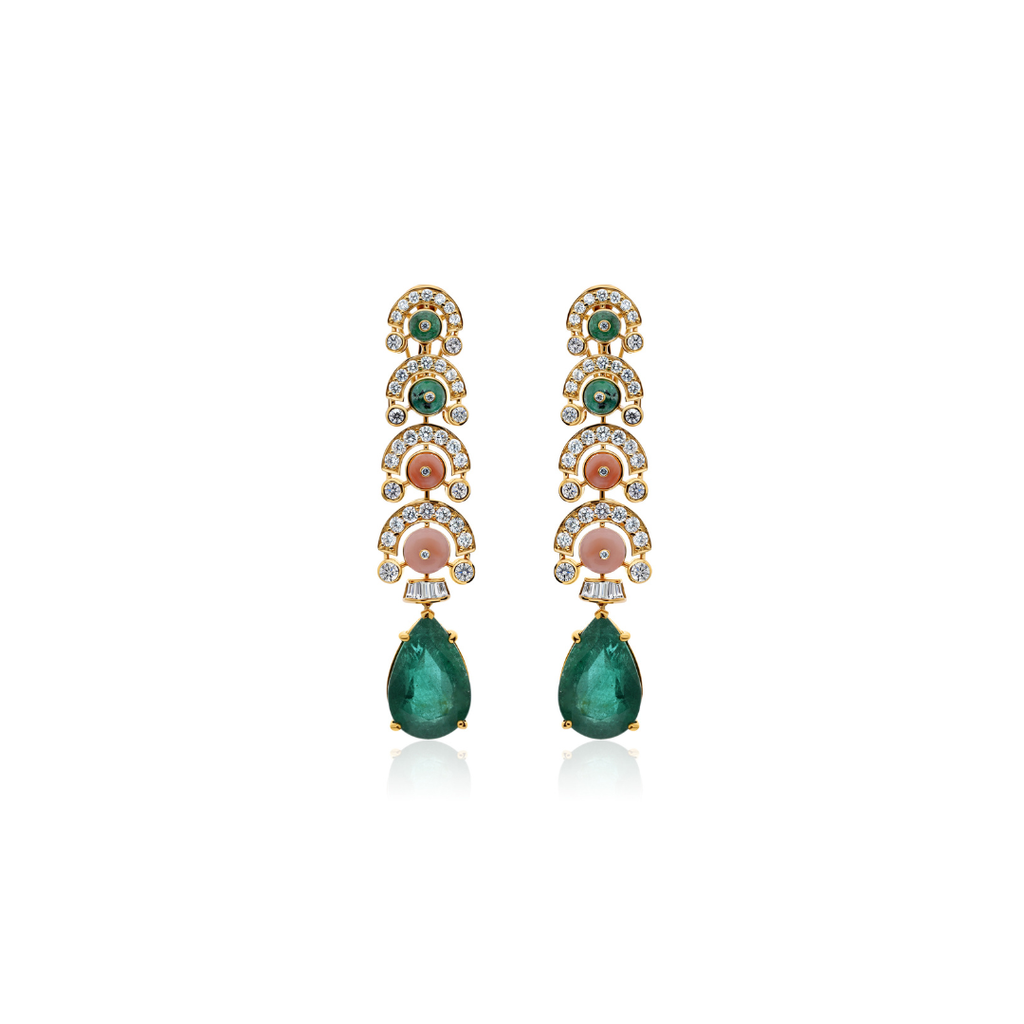 Certified Emerald Coral Gemstone Natural Diamond Drop Earrings