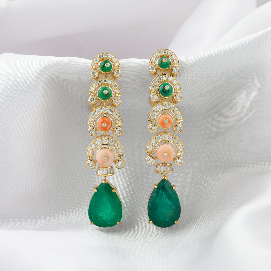 Certified Emerald Coral Gemstone Natural Diamond Drop Earrings