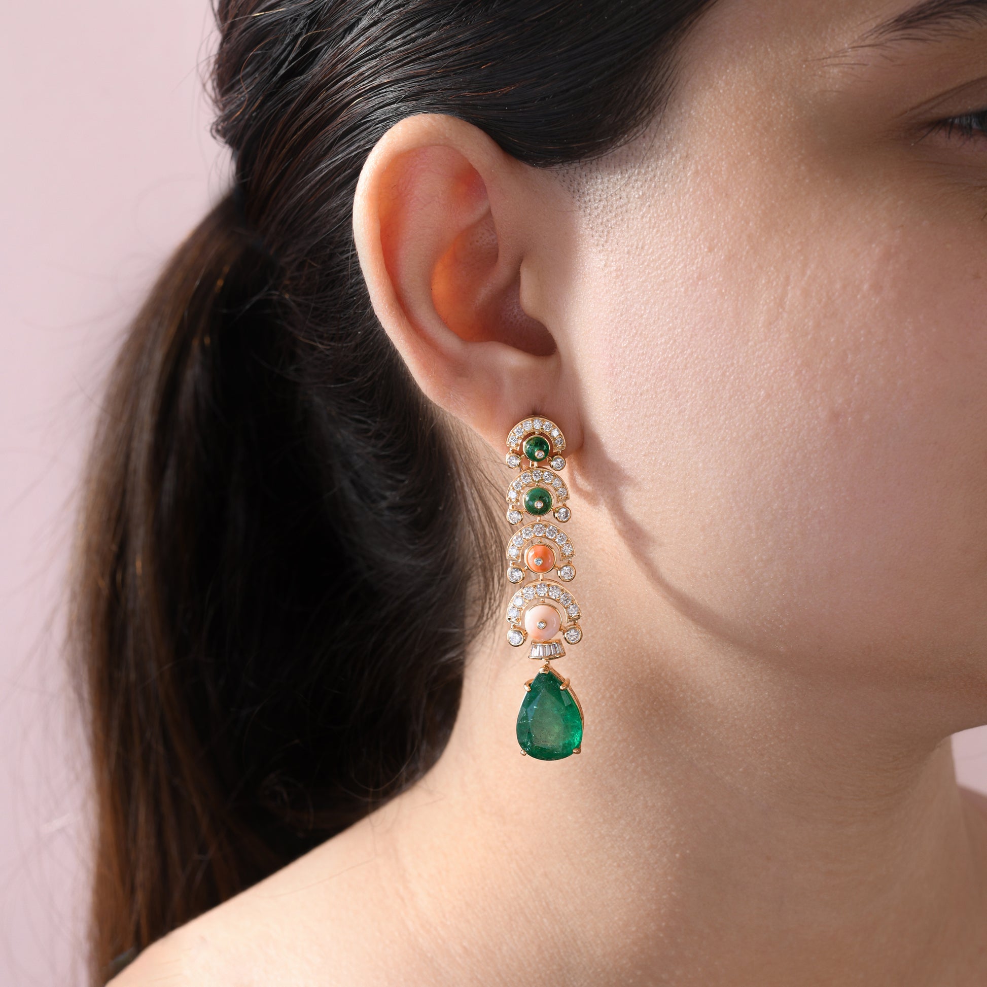 Certified Emerald Coral Gemstone Natural Diamond Drop Earrings