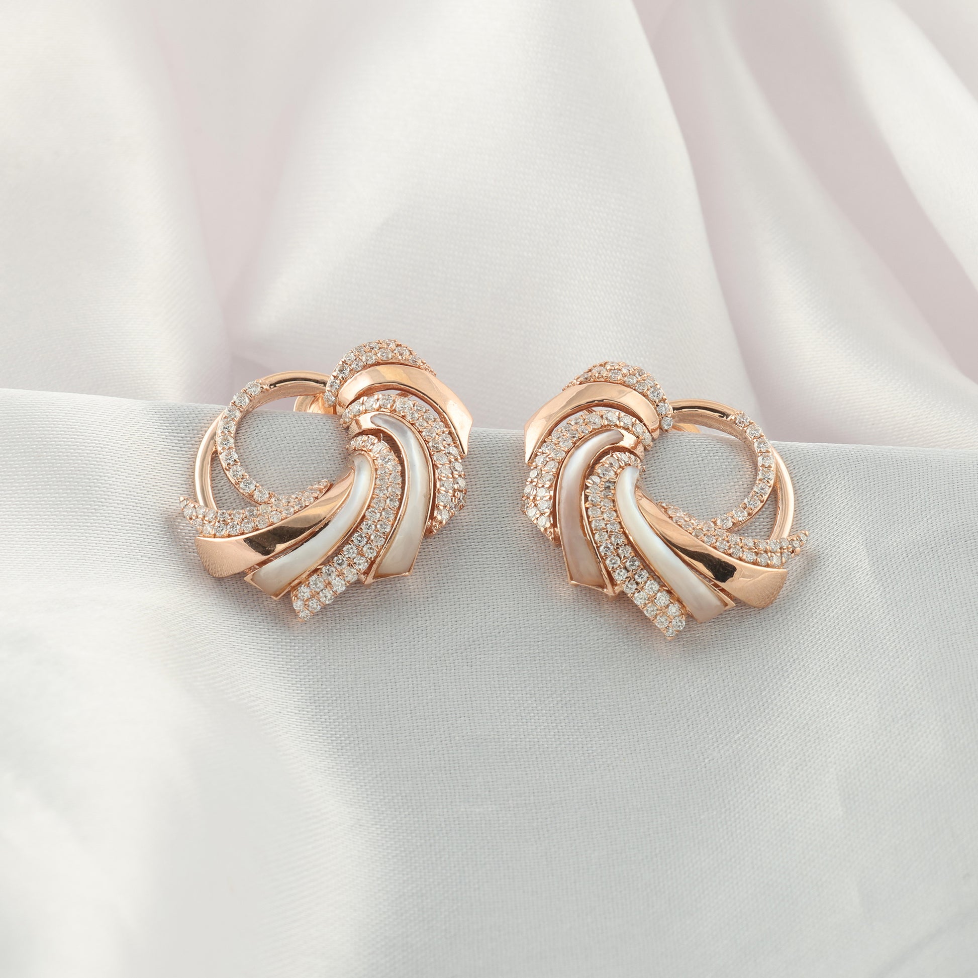 Floral Swirl Diamond Earrings with Mother of Pearl in Fine Gold Finish
