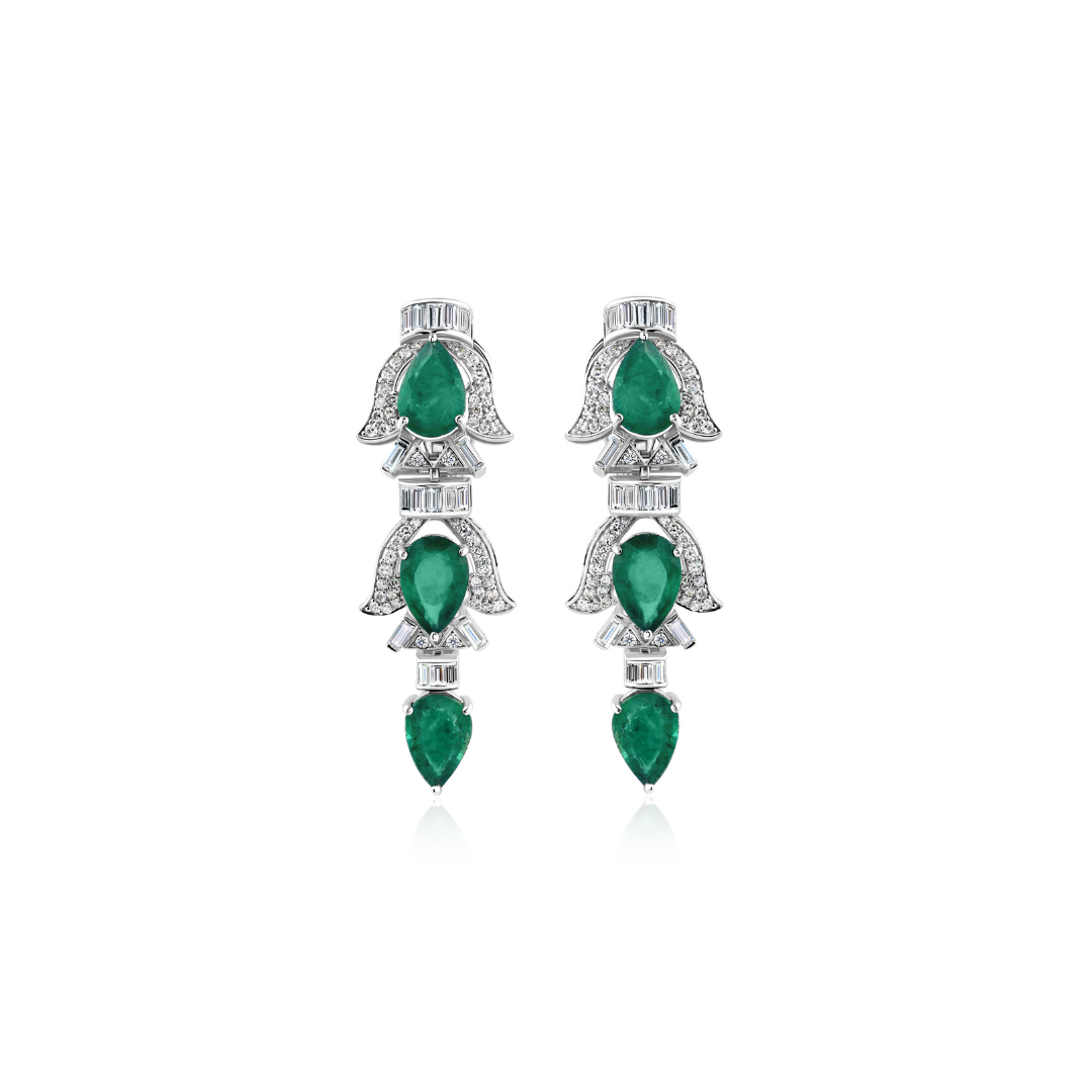 Genuine Zambian Emerald and Baguette Diamond Statement Long Dangle Earrings