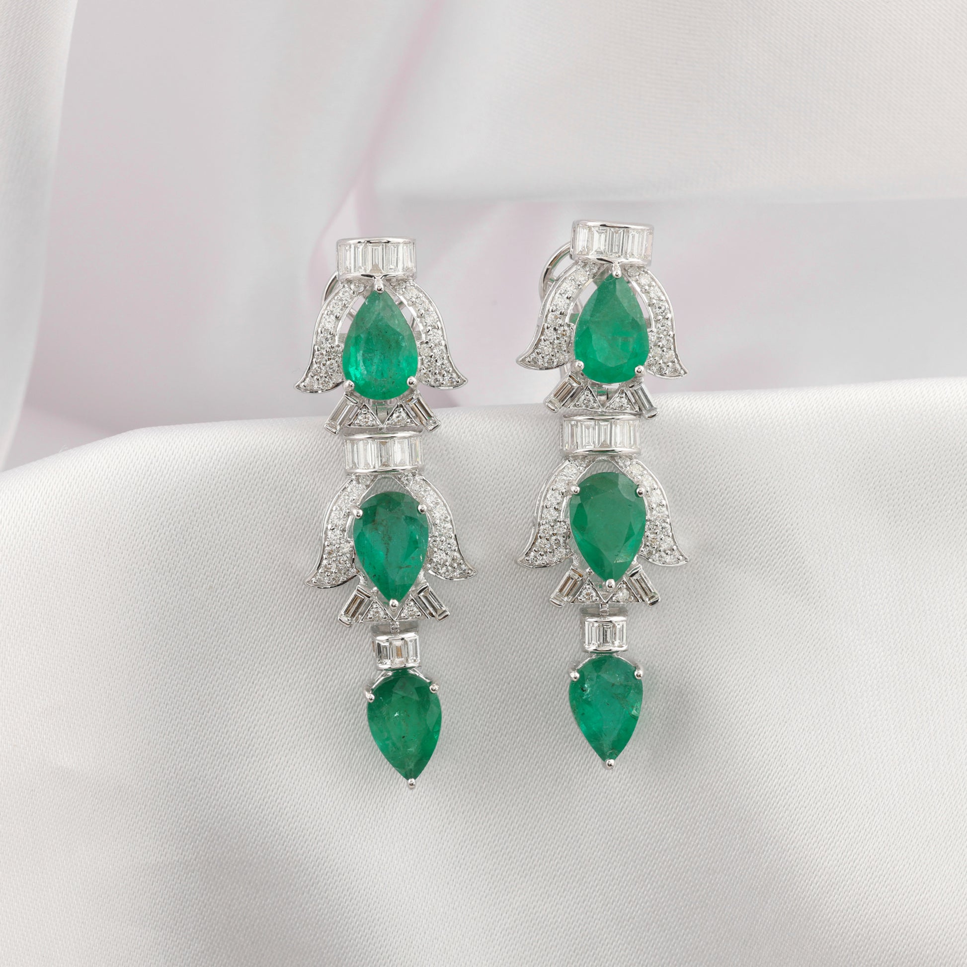 Genuine Zambian Emerald and Baguette Diamond Statement Long Dangle Earrings