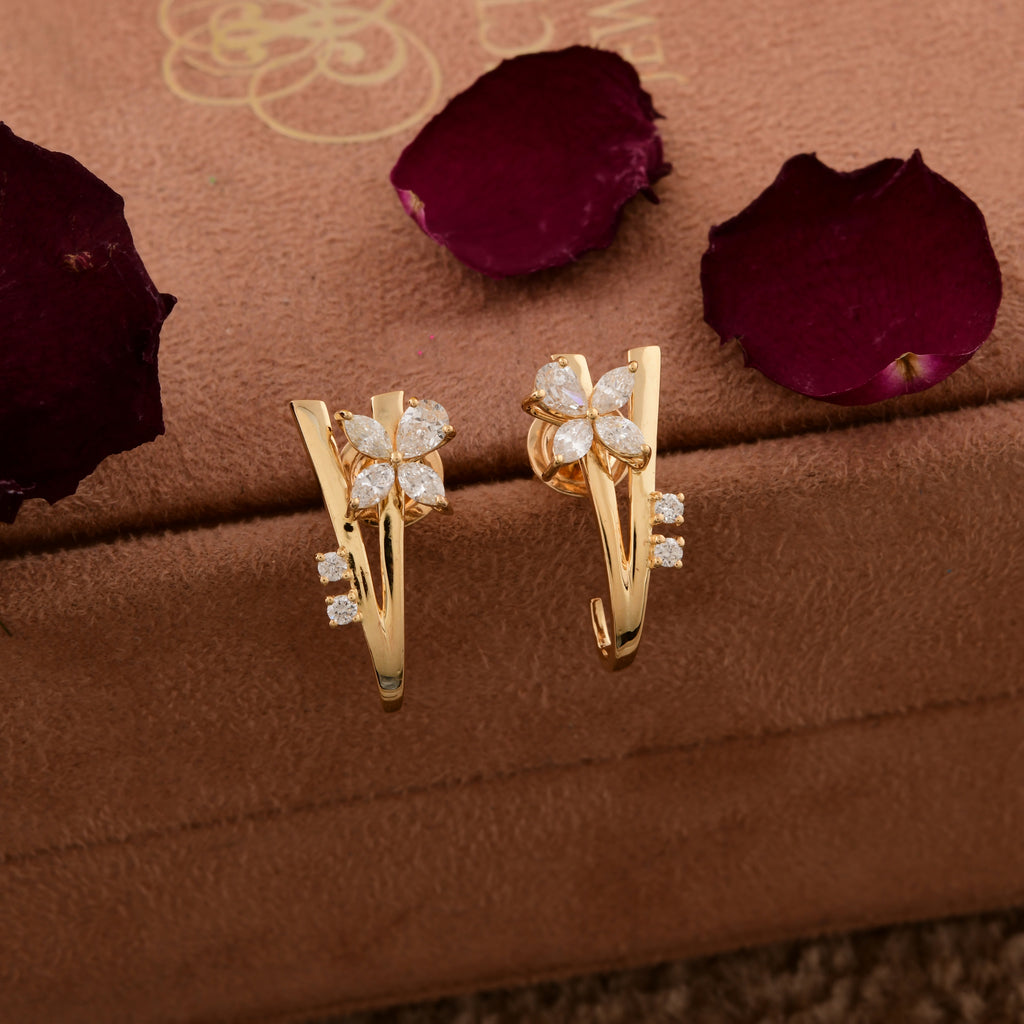 0.90 Ct SI/HI Diamond Floral Huggie Stud Earrings