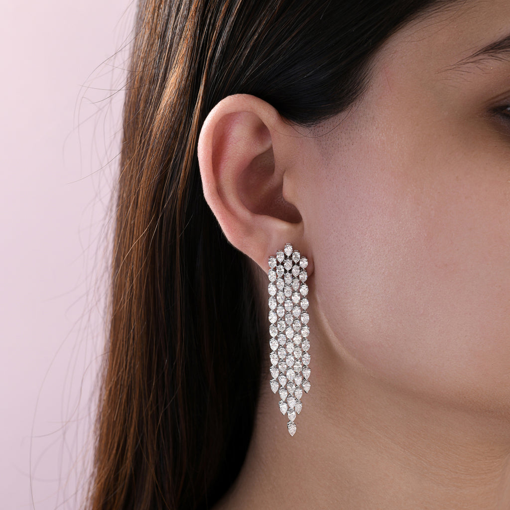 Statement Long Oval Pear Cut Diamond Drop Chandelier Earrings in Fine Gold