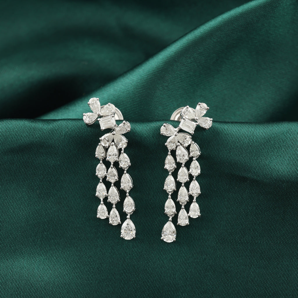 Handcrafted Solid Gold Natural Diamond Flower Drop Earrings