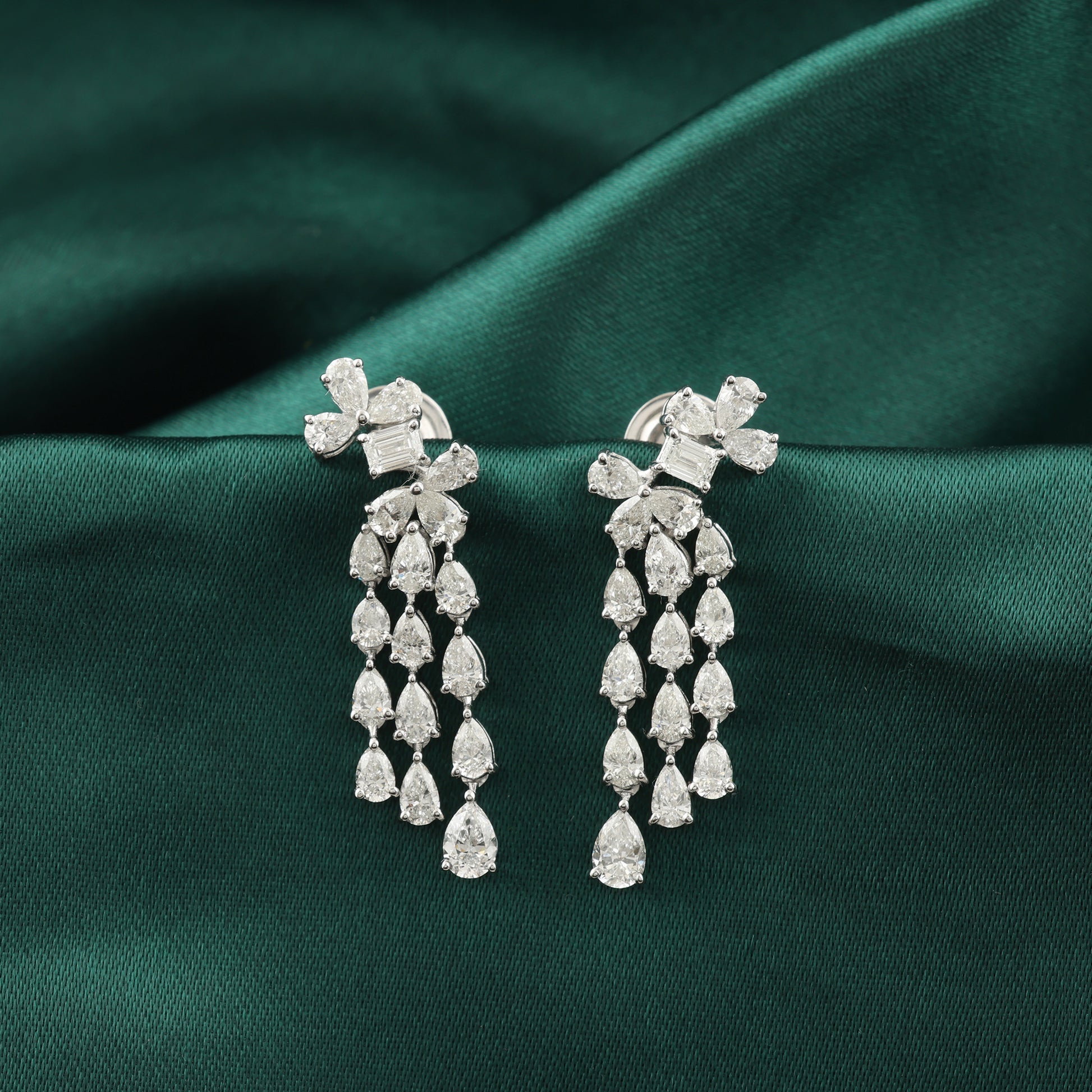 Handcrafted Solid Gold Natural Diamond Cluster Flower Drop Earrings