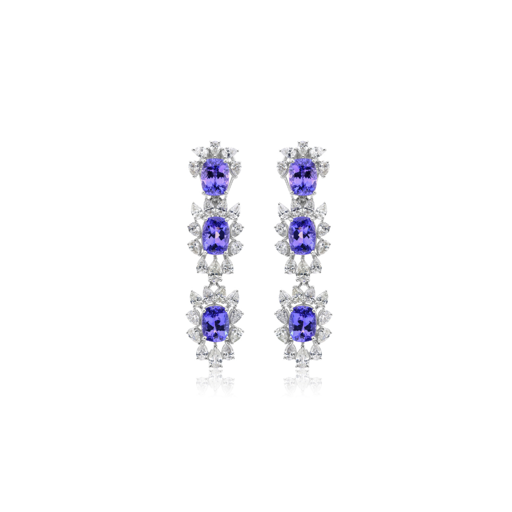 Natural Tanzanite Diamond Floral Halo Drop Earrings in Fine Gold