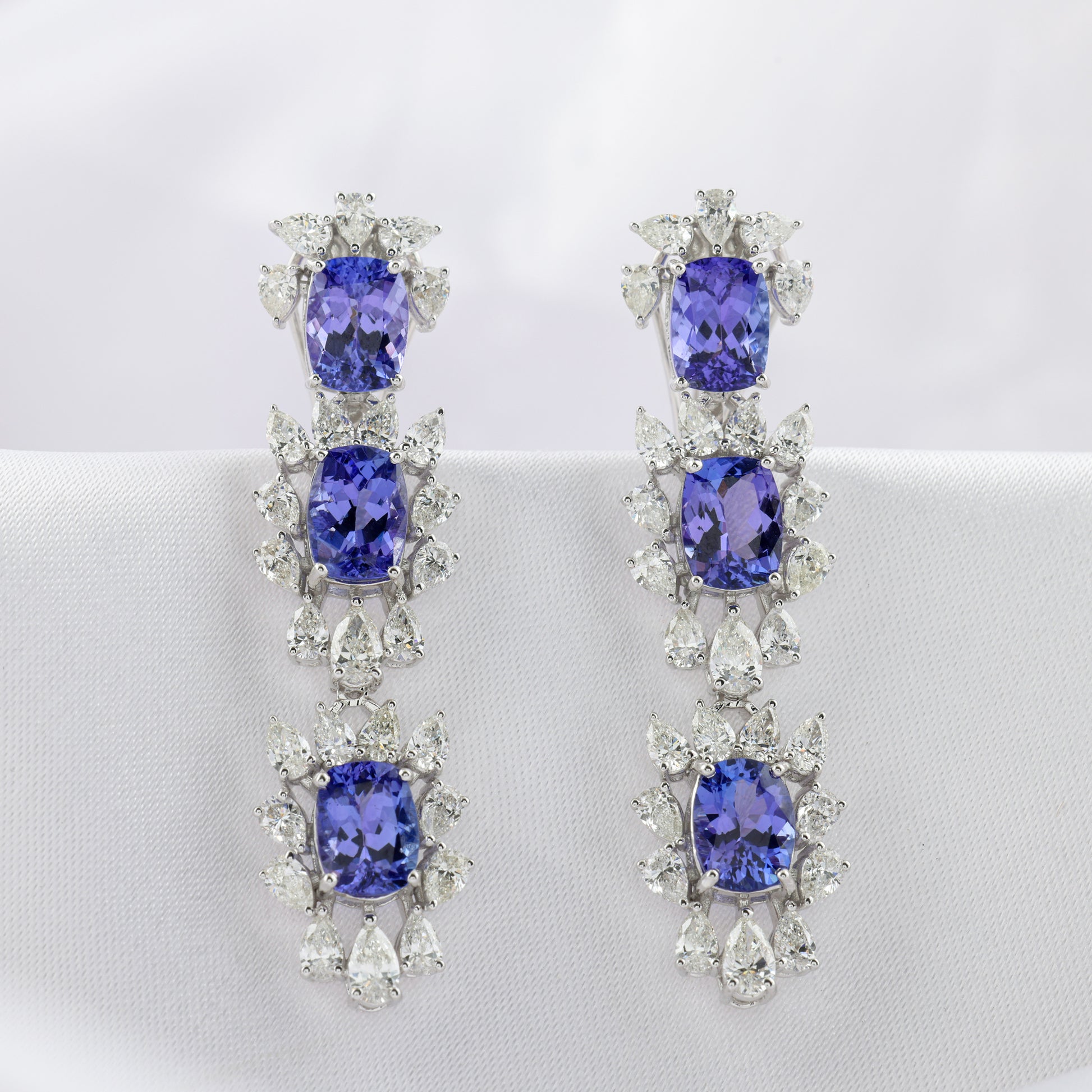 Natural Tanzanite Diamond Floral Halo Drop Earrings in Fine Gold