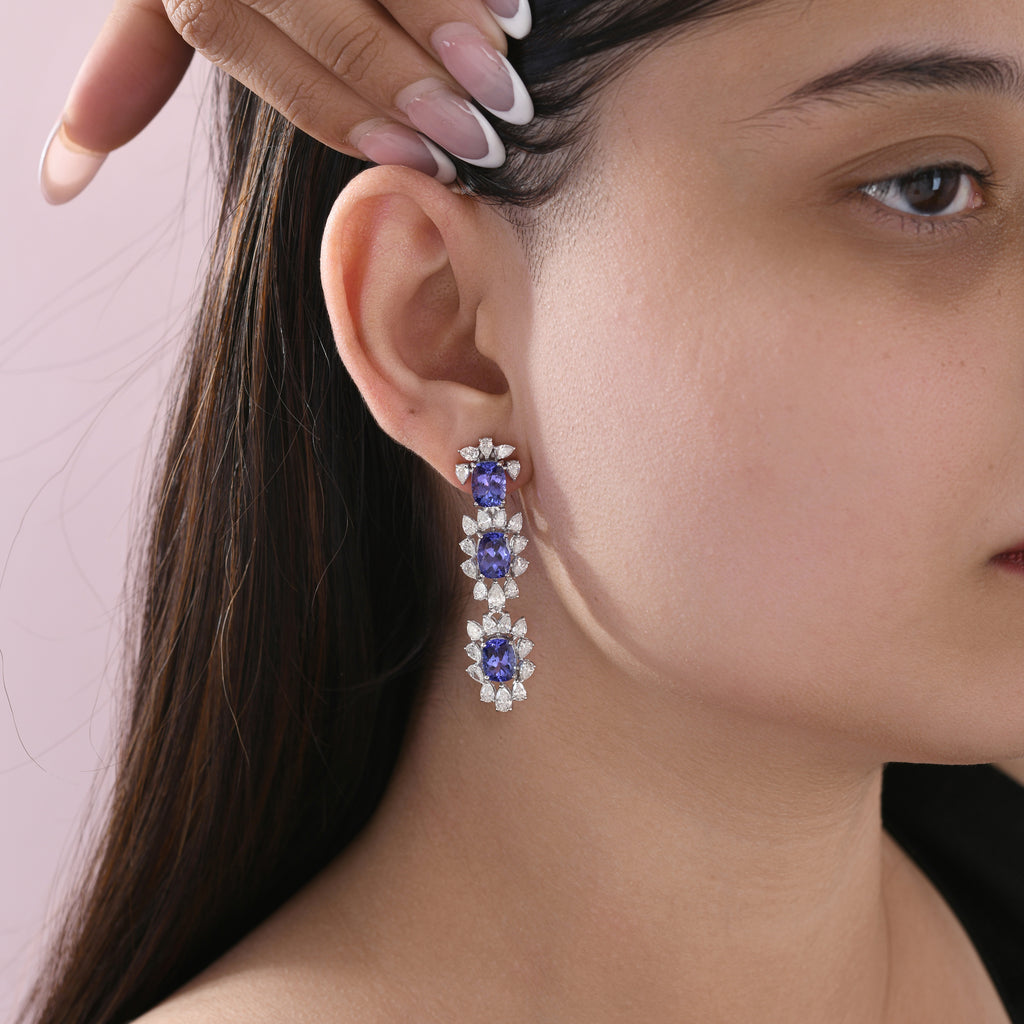 Natural Tanzanite Diamond Floral Halo Drop Earrings in Fine Gold