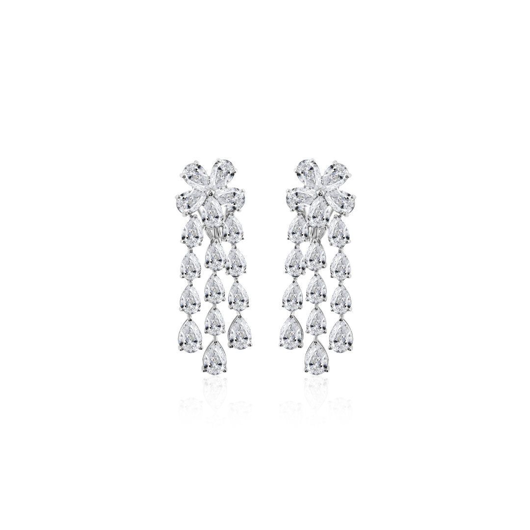 Fine Gold Natural Pear Shaped Diamond Floral Chandelier Earrings