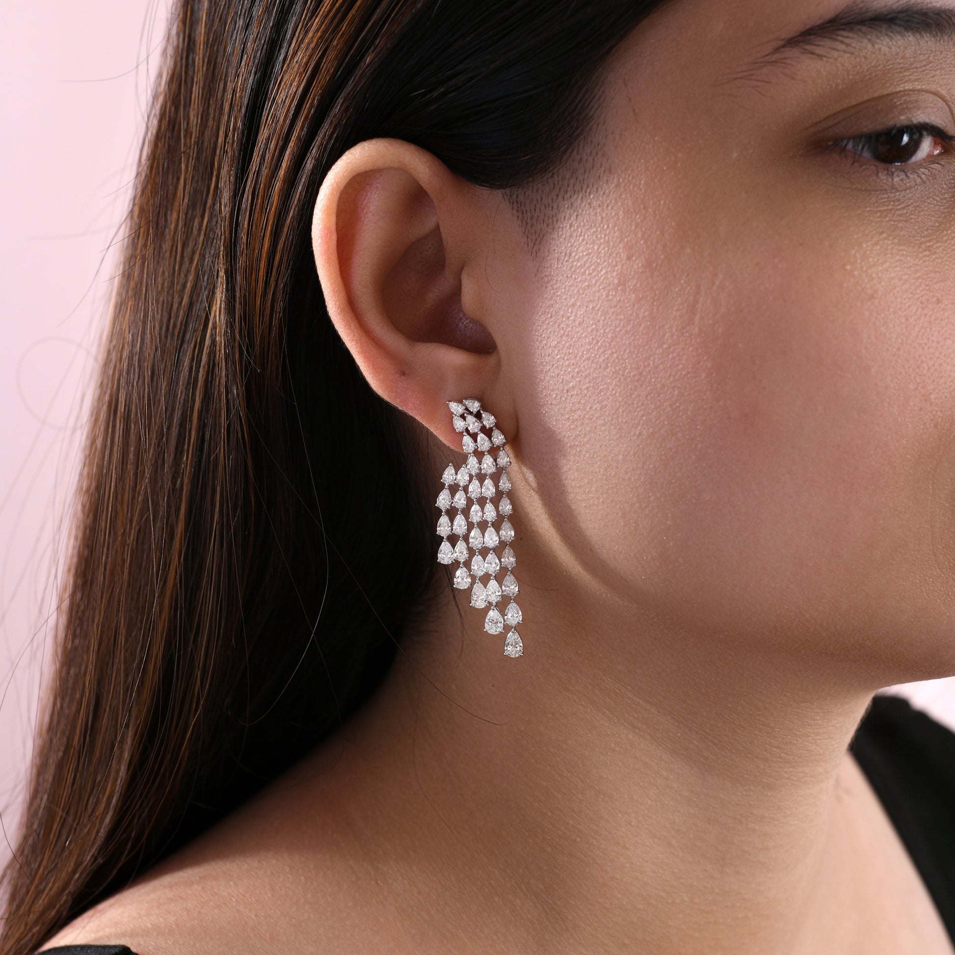 Exquisite Fine Gold Diamond Drop Earrings with Pear Shaped Diamond Layers