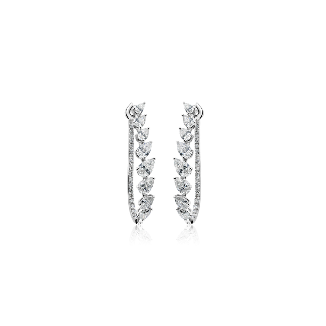 Statement Natural Diamond Curved Hoop Earrings with Leaf Pattern