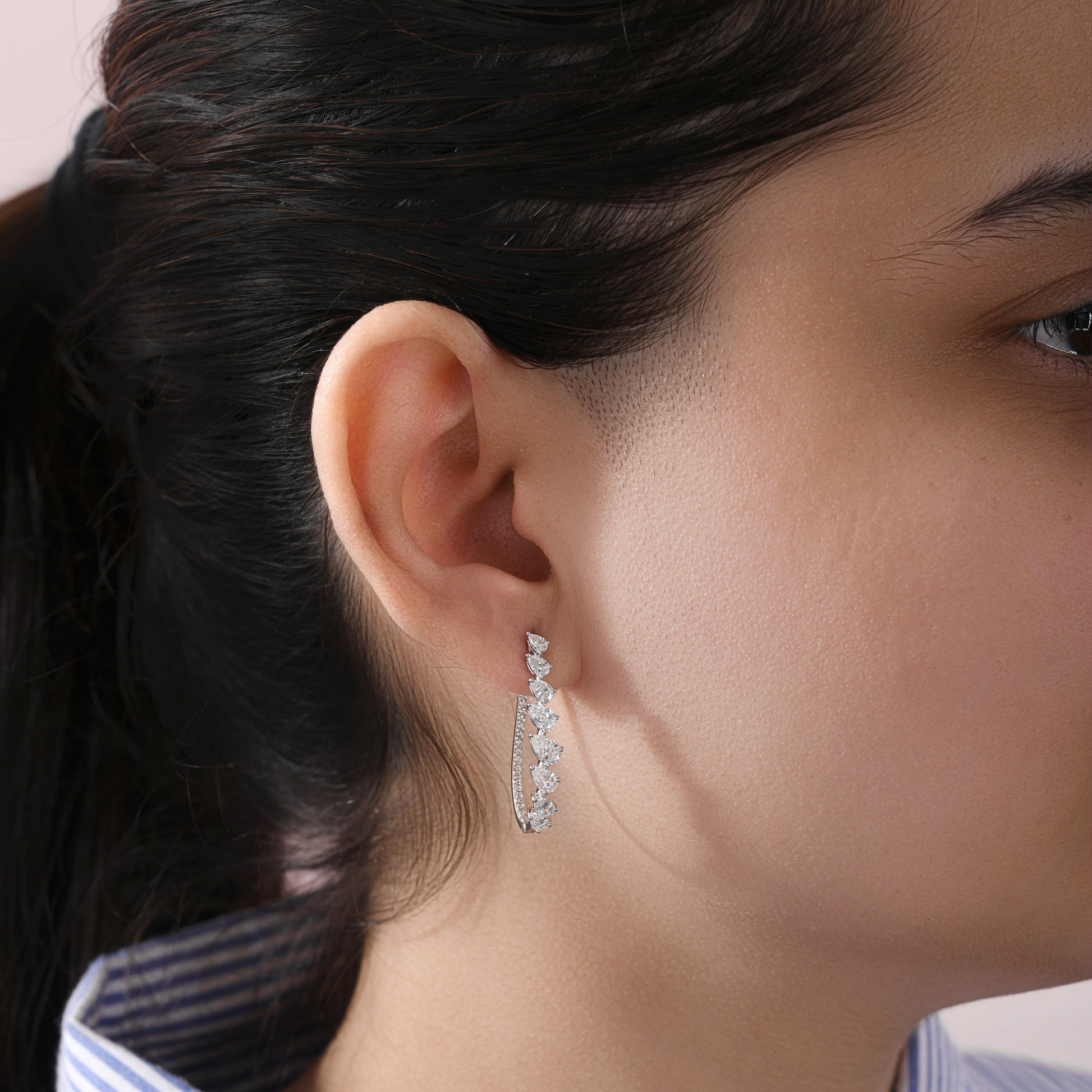 Statement Natural Diamond Curved Hoop Earrings with Leaf Pattern