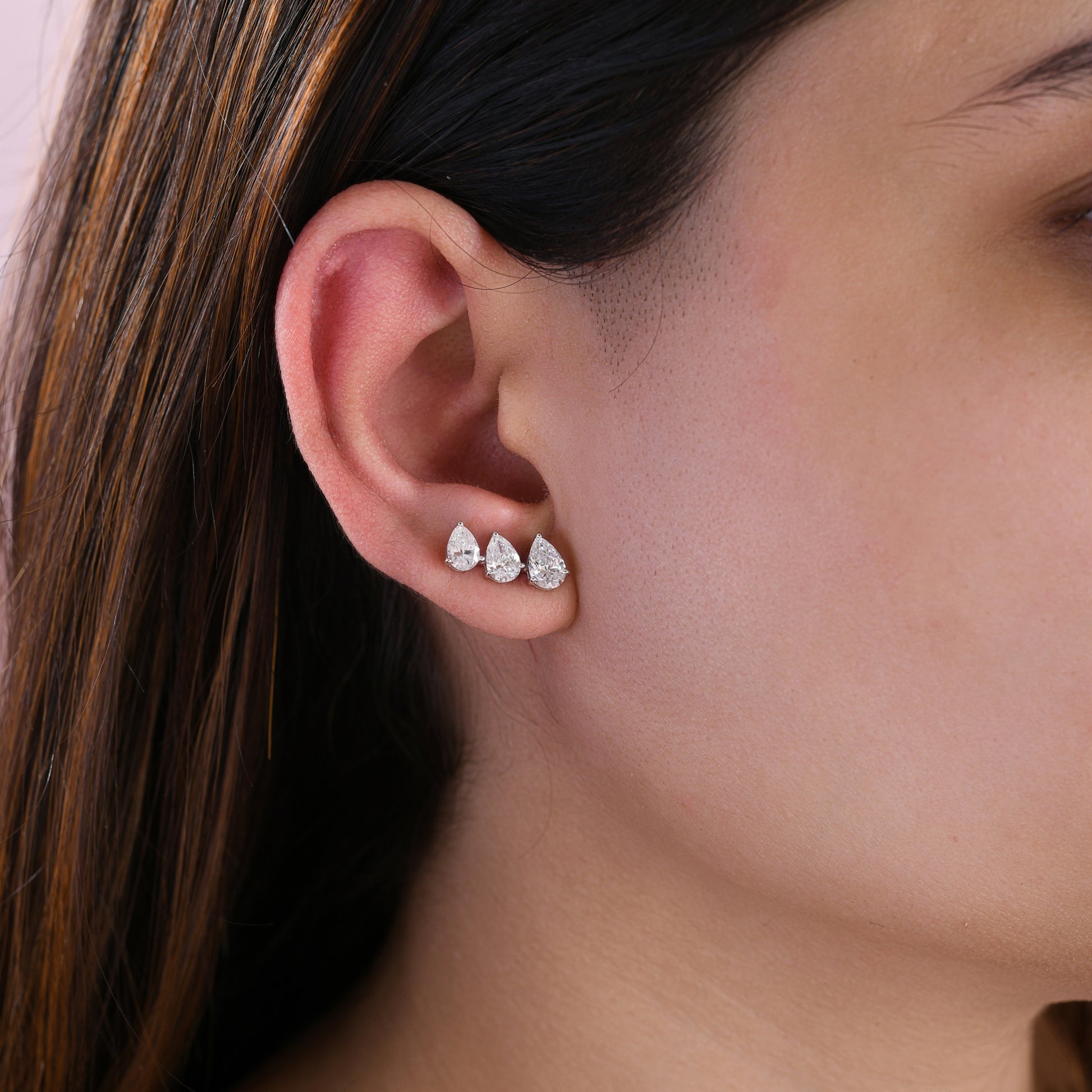 Delicate Triple Pear Shaped Natural Diamond Stud Earrings