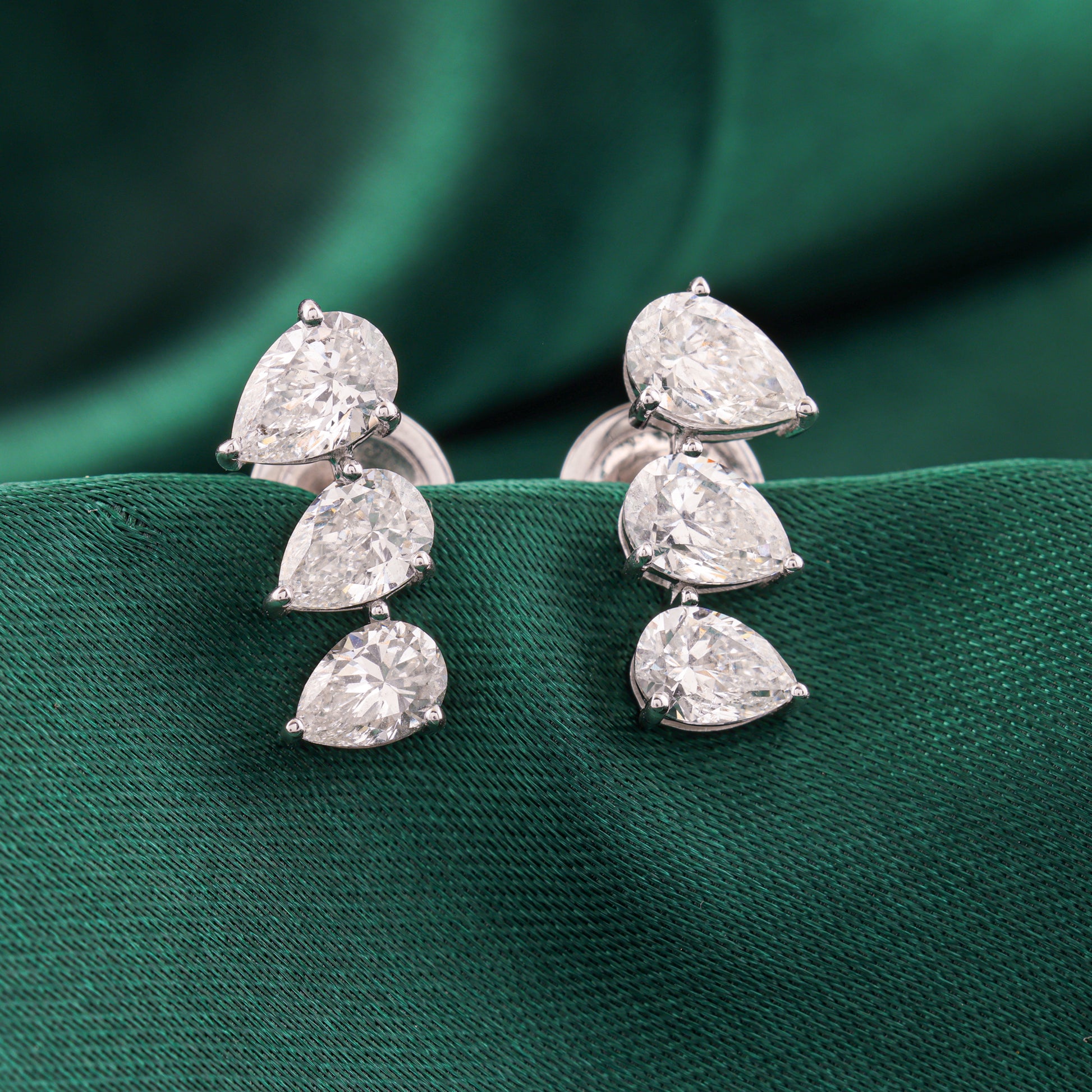 Delicate Triple Pear Shaped Natural Diamond Stud Earrings