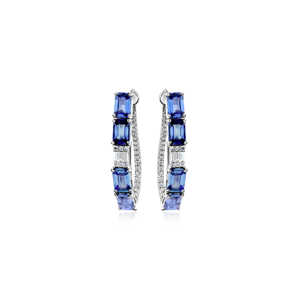 Natural Octagon Cut Blue Sapphire Hoop Earrings With Diamond Accents for elegant everyday wear