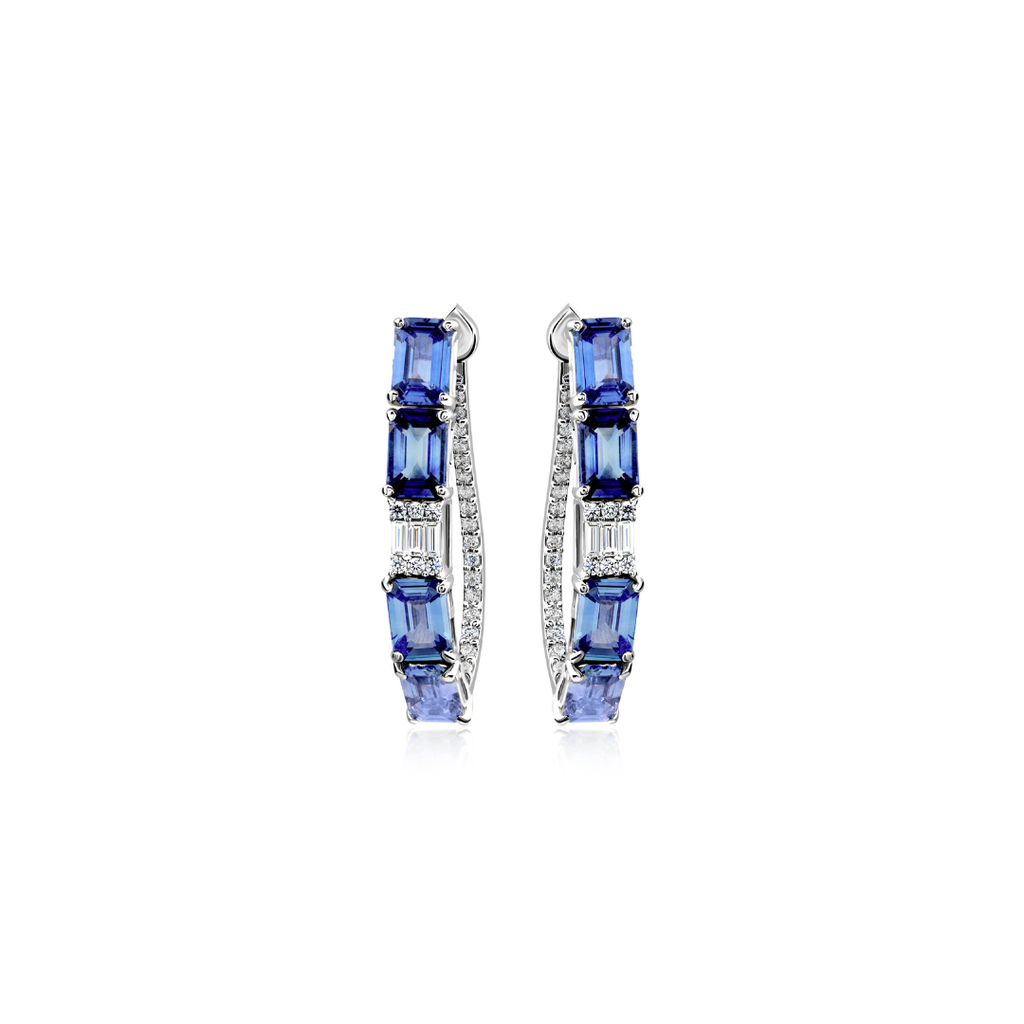 Natural Octagon Cut Blue Sapphire Hoop Earrings with Diamond Accents