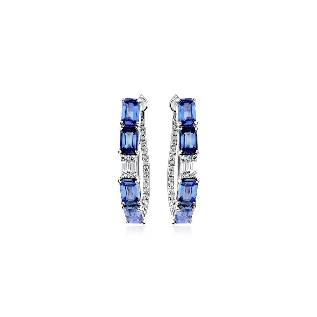 Natural Octagon Cut Blue Sapphire Hoop Earrings with Diamond Accents