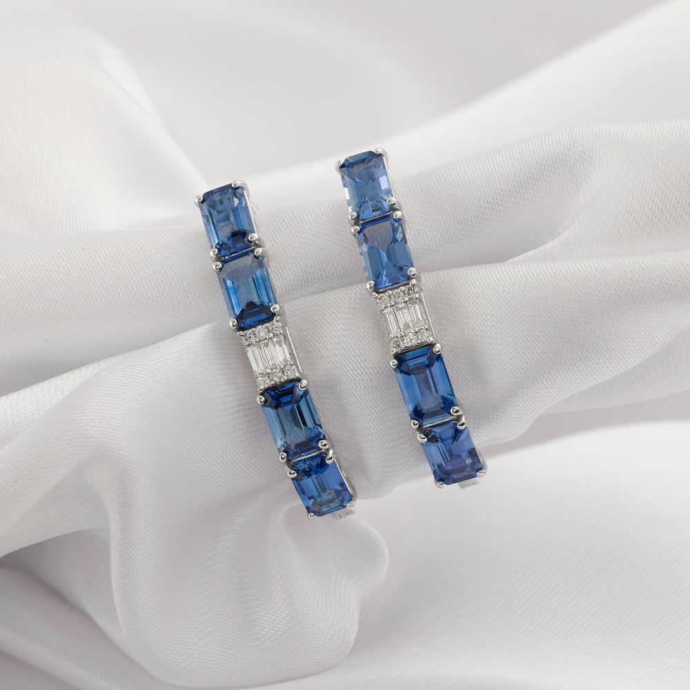 Natural Octagon Cut Blue Sapphire Hoop Earrings with Diamond Accents blue sapphire and diamond hoop earrings in fine gold for timeless everyday elegance