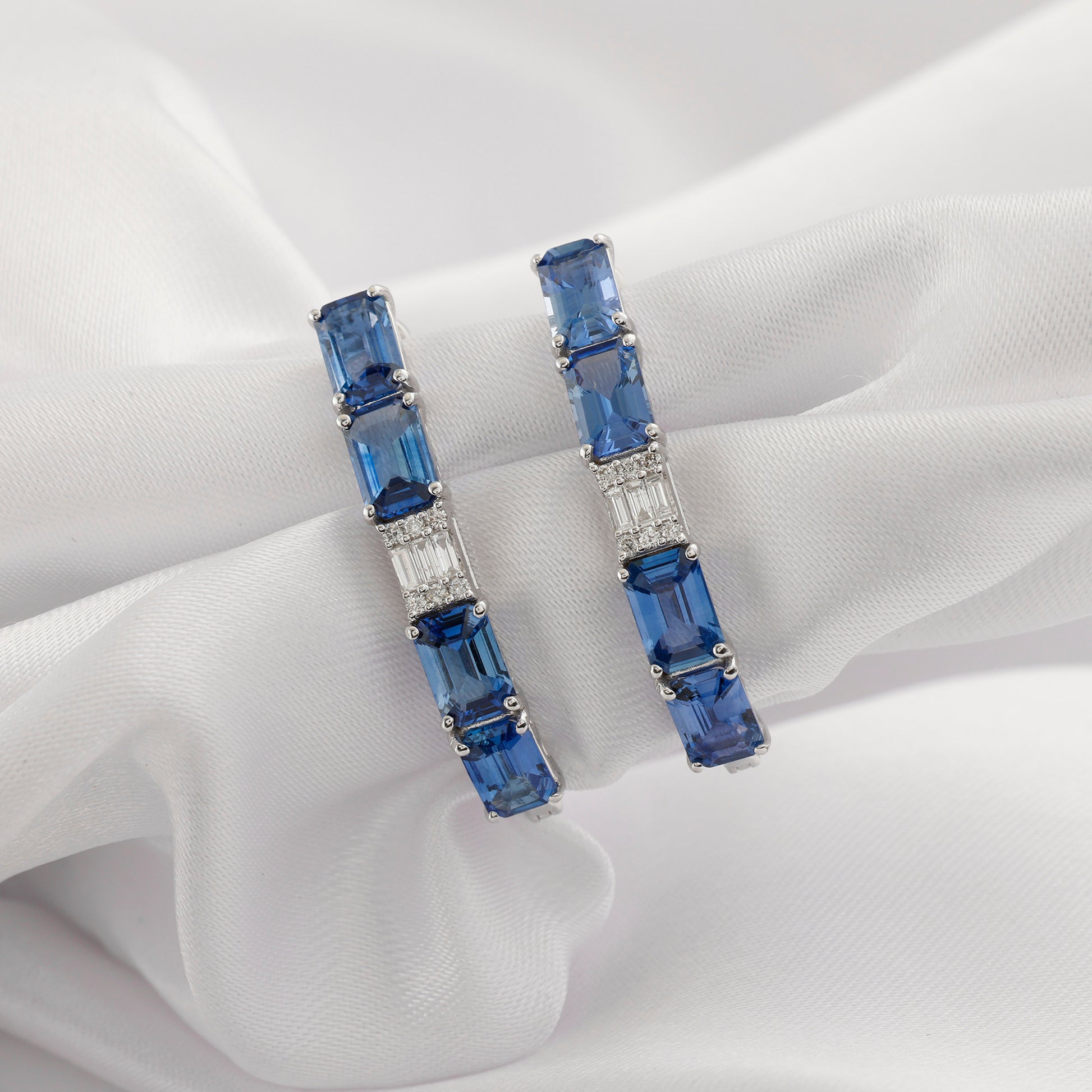 Natural Octagon Cut Blue Sapphire Hoop Earrings with Diamond Accents
