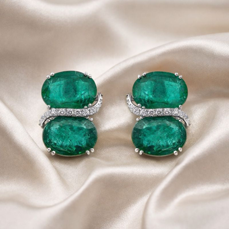 Genuine Zambian Emerald & Diamond Accents Statement Stud Earrings
