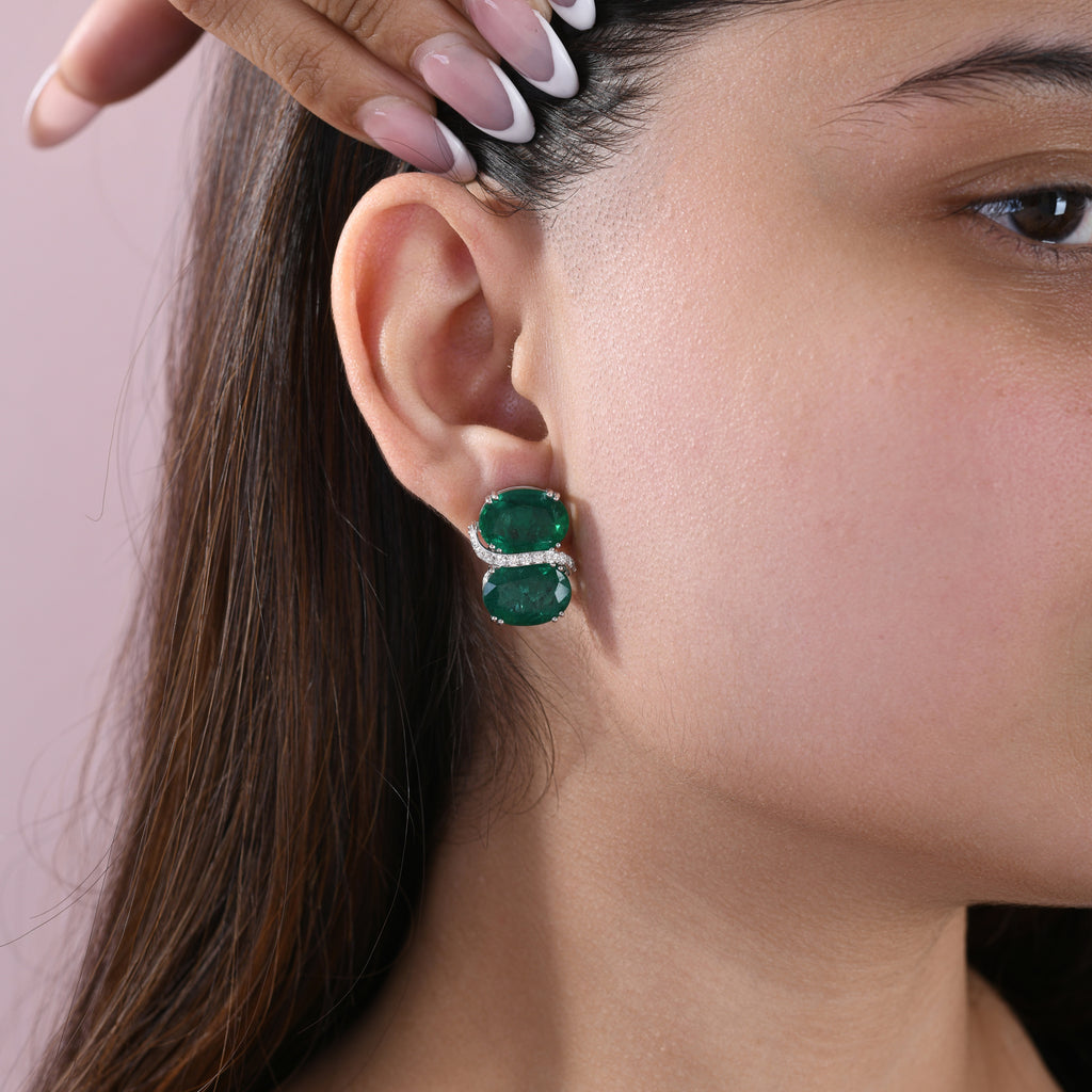 Genuine Zambian Emerald & Diamond Accents Statement Stud Earrings