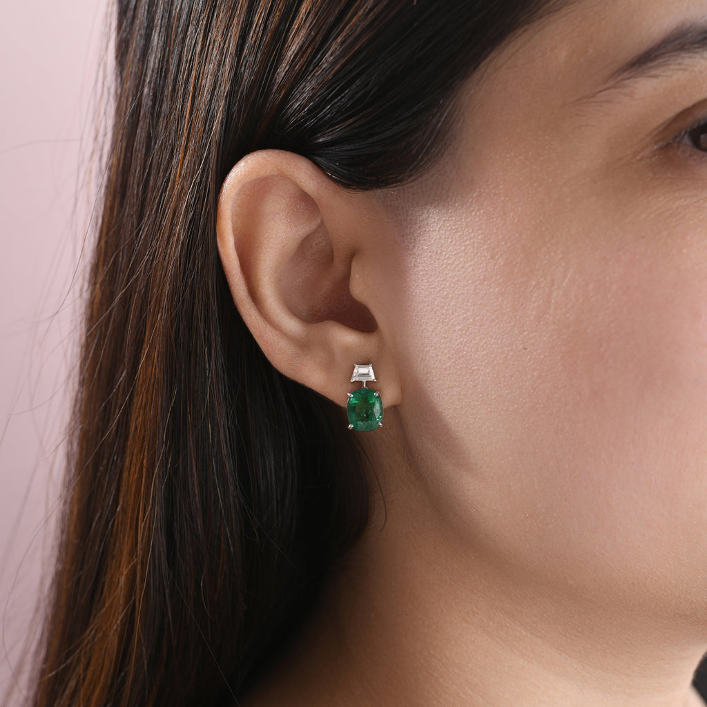 Timeless Cushion Cut Natural Emerald Diamond Fine Gold Earrings