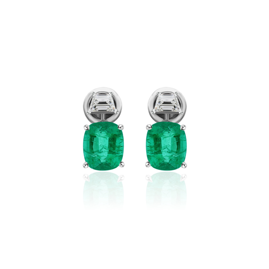 Timeless Cushion Cut Natural Emerald Diamond Fine Gold Earrings