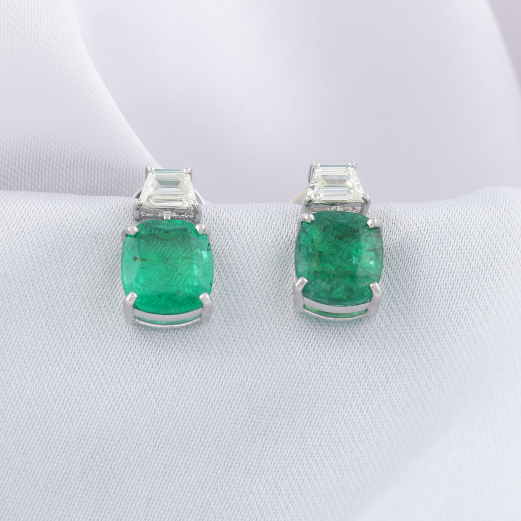Timeless Cushion Cut Natural Emerald Diamond Fine Gold Earrings