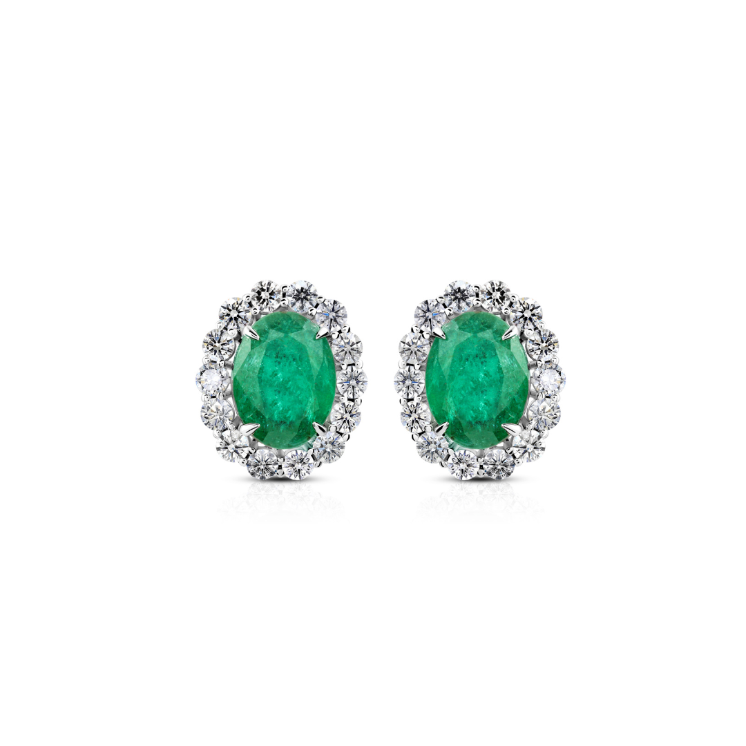 Certified Natural Emerald Round Diamond Halo Stud Earrings in Fine Gold