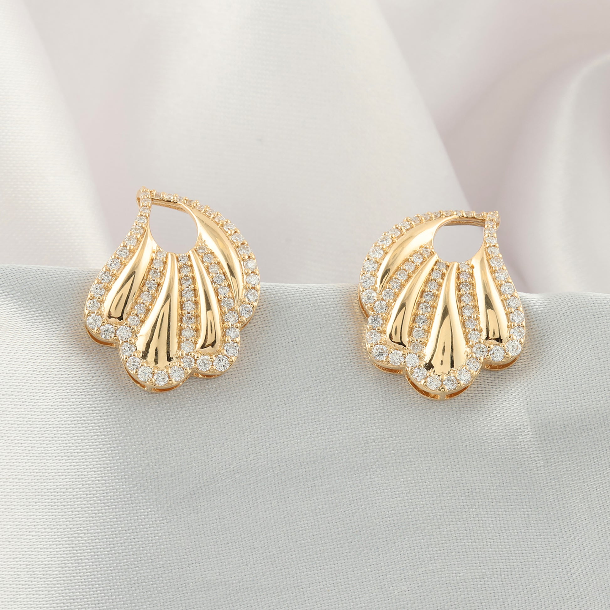Leaf Inspired Pave Natural Diamond Handmade Stud Earrings in Fine Gold