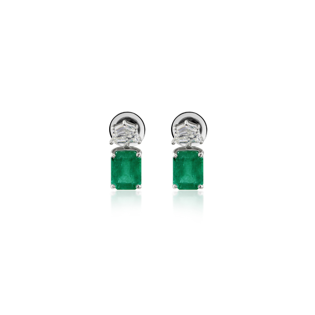 Octagon Cut Natural Emerald and Diamond Fine Gold Daily Wear Earrings
