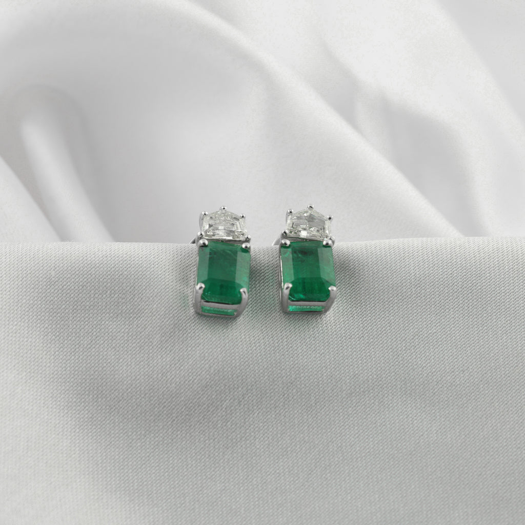 Octagon Cut Natural Emerald & Diamond Daily Wear Earrings