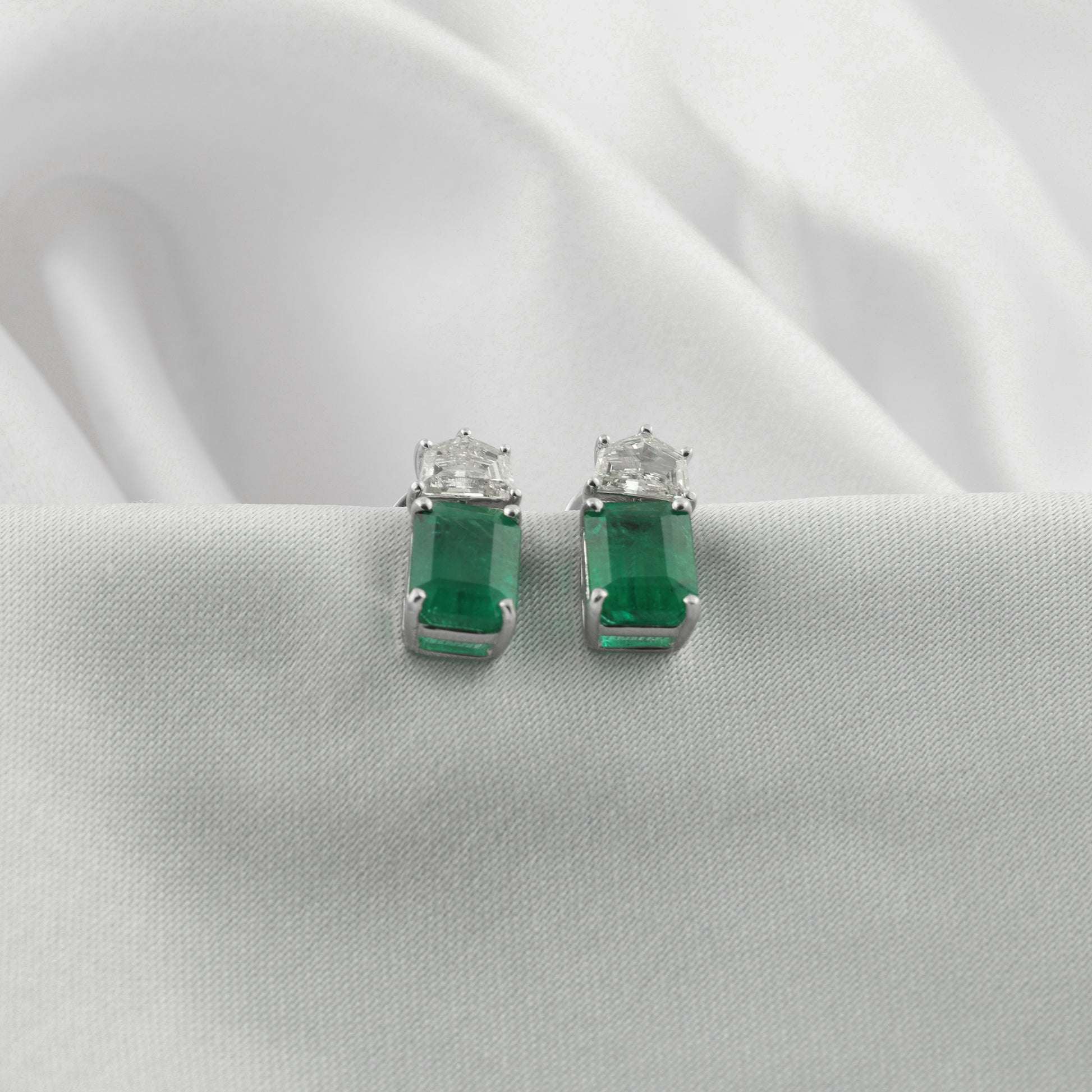 Octagon Cut Natural Emerald and Diamond Fine Gold Daily Wear Earrings